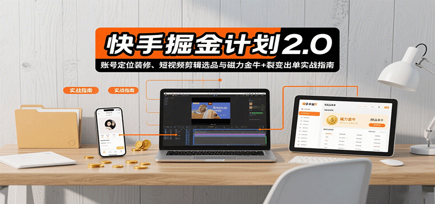 快手掘金计划2.0,账号定位装修、短视频剪辑选品与磁力金牛+裂变出单实战指南-网赚副业网