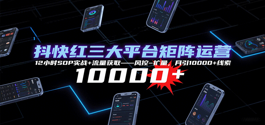 抖快红三大平台矩阵运营,12小时SOP实战+流量获取-风控-扩量,月引10000+线索-网赚副业网