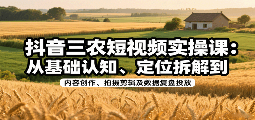 抖音三农短视频实操课:从基础认知、定位拆解到内容创作、拍摄剪辑及数据复盘投放-网赚副业网