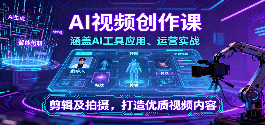 AI视频创作课，涵盖AI工具应用、运营实战、剪辑及拍摄，打造优质视频内容-网赚副业网