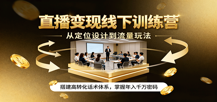 直播变现线下训练营，从定位设计到流量玩法，搭建高转化话术体系，掌握年入千万密码-网赚副业网