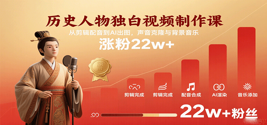 历史人物独白视频制作课,从剪辑配音到AI出图,声音克隆与背景音乐,涨粉22w+-网赚副业网