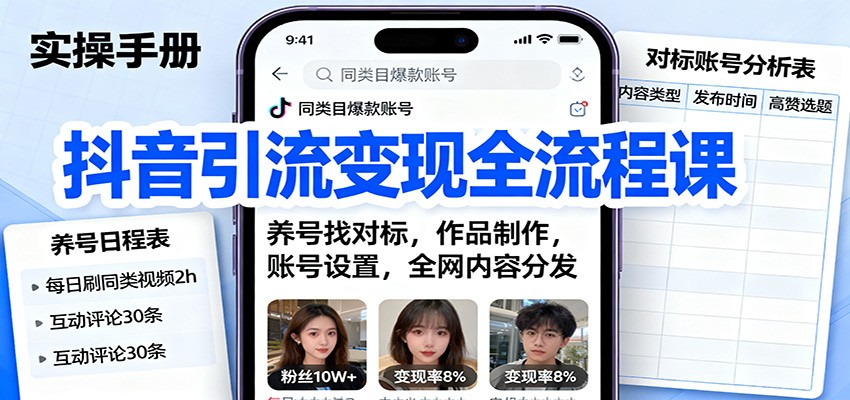 抖音引流变现全流程课:养号找对标,作品制作,账号设置,全网内容分发-网赚副业网