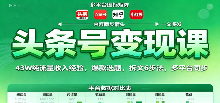 头条号变现课:43W纯流量收入经验,爆款选题,拆文6步法,多平台同步-网赚副业网