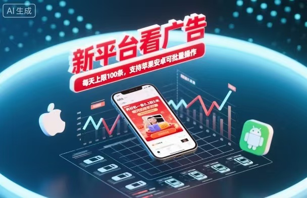 新台看广告,养好机一条5毛到5块,单机日入30到100,支持苹果安卓,可批量操作。-网赚副业网