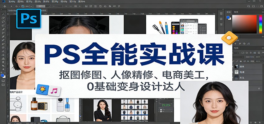 PS全能实战课:抠图修图、人像精修、电商美工,0基础变身设计达人-网赚副业网