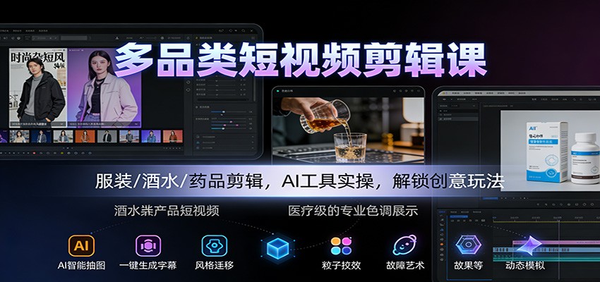 多品类短视频剪辑课:服装/酒水/药品剪辑,AI工具实操,解锁创意玩法-网赚副业网