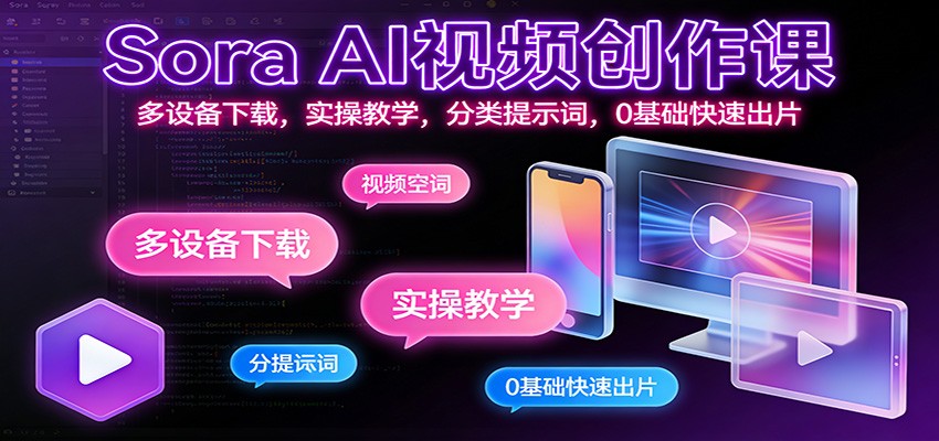 Sora AI视频创作课:多设备下载,实操教学,分类提示词,0基础快速出片-网赚副业网