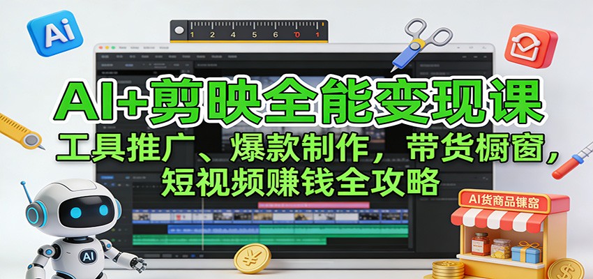 AI+剪映全能变现课:工具推广、爆款制作、带货橱窗,短视频赚钱全攻略-网赚副业网