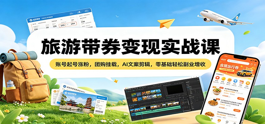 旅游带券变现实战课:账号起号涨粉,团购挂载,AI文案剪辑,零基础轻松副业增收-网赚副业网