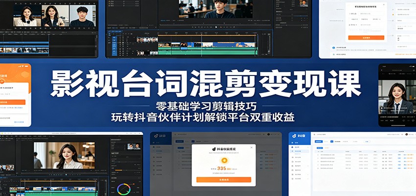 影视台词混剪变现课:零基础学习剪辑技巧,玩转抖音伙伴计划解锁平台双重收益-网赚副业网