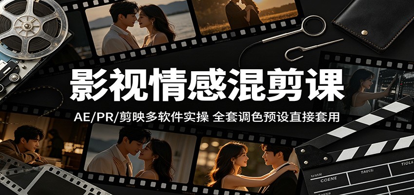 影视情感混剪课:AE/PR/剪映多软件实操,全套调色预设直接套用-网赚副业网