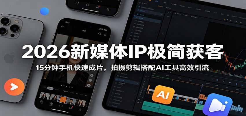 2026新媒体IP极简获客:15分钟手机快速成片,拍摄剪辑搭配AI工具高效引流-网赚副业网