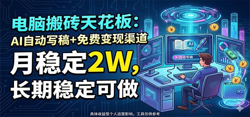 电脑搬砖天花板:AI自动写稿+免费变现渠道,月稳定2W,长期稳定可做-网赚副业网
