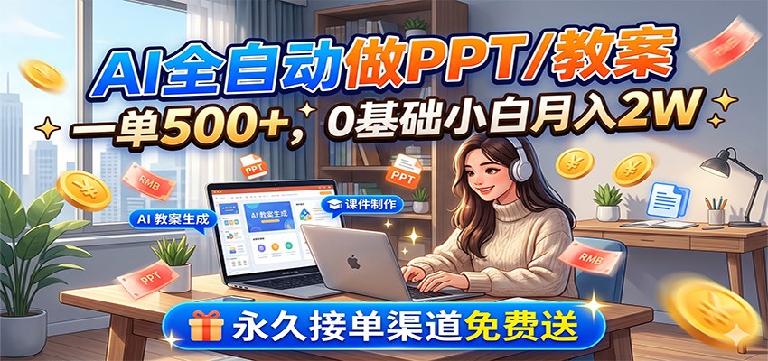 AI全自动做PPT/教案,一单500+,0基础小白月入2W,永久接单渠道免费送-网赚副业网