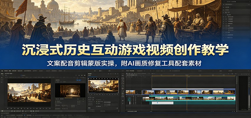 沉浸式历史互动游戏视频创作教学:文案配音剪辑蒙版实操,附AI画质修复工具配套素材-网赚副业网