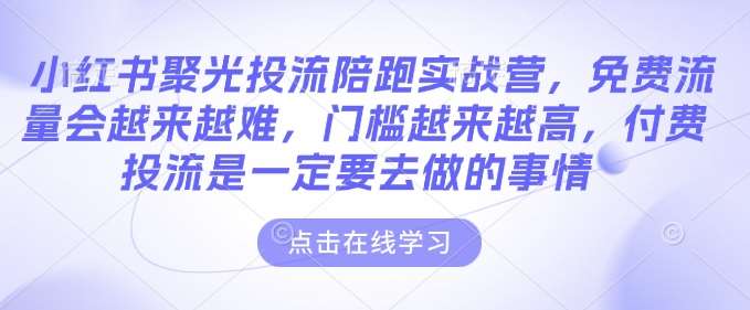 小红书聚光投流陪跑实战营,免费流量会越来越难,门槛越来越高,付费投流是一定要去做的事情-网赚副业网