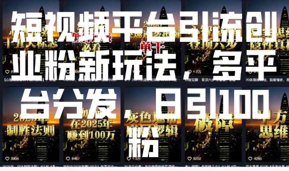 短视频平台引流创业粉新玩法,多平台分发,日引100粉-网赚副业网