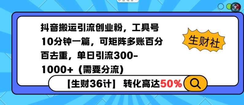 抖音搬运引流创业粉,工具号10分钟一篇,可矩阵多账百分百去重,单日引流300+(需要分流)-网赚副业网