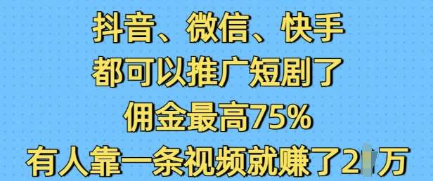 抖音微信快手都可以推广短剧了,佣金最高75%,有人靠一条视频就挣了2W-网赚副业网
