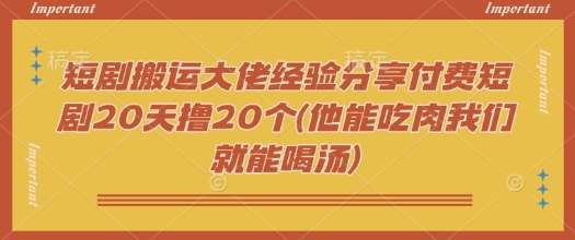 短剧搬运大佬经验分享付费短剧20天撸20个(他能吃肉我们就能喝汤)-网赚副业网