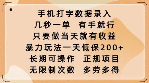 手机打字数据录入,几秒一单,有手就行,只要做当天就有收益,暴力玩法一天低保2张-网赚副业网