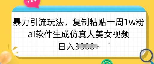 暴力引流玩法,复制粘贴一周1w粉,ai软件生成仿真人美女视频,日入多张-网赚副业网
