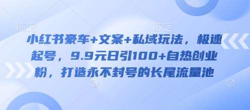 小红书豪车+文案+私域玩法,极速起号,9.9元日引100+自热创业粉,打造永不封号的长尾流量池-网赚副业网