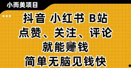 小而美的项目,抖音小红书B站视频点赞、关注、评论就能挣钱,简单无脑立见收益,妥妥的零撸项目【揭秘】-网赚副业网