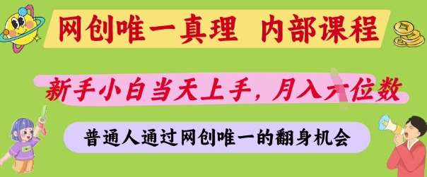 网创唯一真理,内部课程,新手小白当天上手,月入5位数,普通人通过网创唯一的机会【揭秘】-网赚副业网