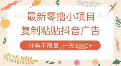 最新零撸小项目，复制粘贴抖音广告即可挣钱，平台大水，任务不限量，一天数张【揭秘】-网赚副业网