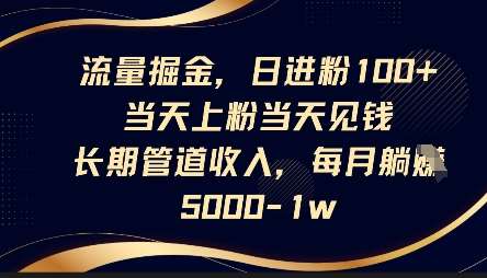 流量掘金,日进粉100+,当天上粉当天见钱,长期管道收入,每月躺挣5k-网赚副业网