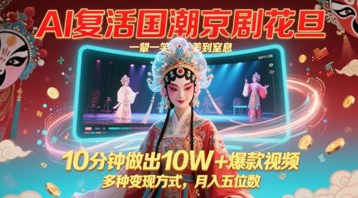AI复活国潮京剧花旦,一颦一笑美到窒息,10分钟做出10W+爆款视频,多种变现方式,月入五位数-网赚副业网