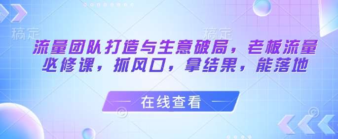 流量团队打造与生意破局,老板流量必修课,抓风口,拿结果,能落地-网赚副业网