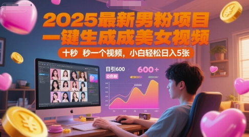 2025最新男粉项目,一键生成美女视频,日引600+色粉 十秒一个视频,小白轻松日入5张【揭秘】-网赚副业网