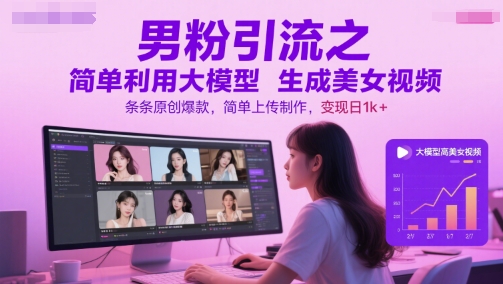 男粉引流之简单利用大模型生成美女视频,条条原创爆款,简单上传制作,变现日1k+-网赚副业网