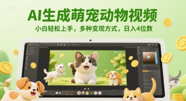 AI生成萌宠动物视频,小白轻松上手,多种变现方式,日入4位数-网赚副业网