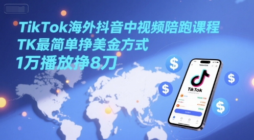 TikTok海外抖音中视频陪跑课程，TK最简单挣美金方式，1万播放挣8刀-网赚副业网