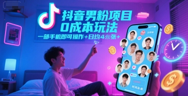 抖音男粉项目0成本玩法,一部手机即可操作,日均4张+,时间自由-网赚副业网