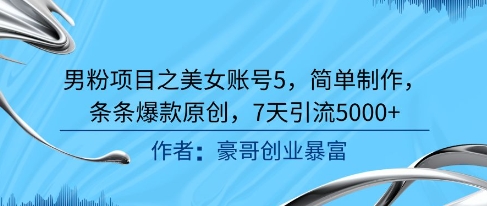 男粉项目之美女账号5,简单制作,条条爆款原创,7天引流5000+-网赚副业网