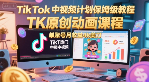 TikTok中视频计划保姆级教程,TK原创动画课程,单账号月收益4k美刀-网赚副业网