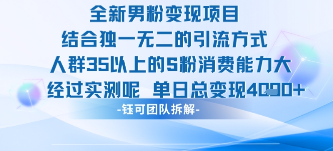 全新男粉变现项目引流人群35以上的男粉消费能力大 经过实测单日变现1k+-网赚副业网