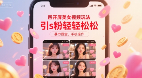 四开屏美女视频玩法,引s粉轻轻松松,暴力掘金,手机操作【揭秘】-网赚副业网