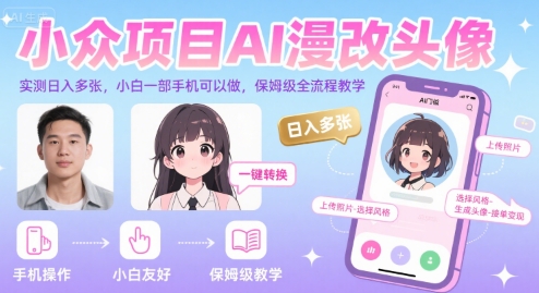 小众项目AI漫改头像,实测日入多张,小白一部手机可以做,保姆级全流程教学-网赚副业网