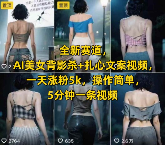 全新赛道,AI美女背影杀+扎心文案视频,一天涨粉5k,操作简单,5分钟一条视频-网赚副业网
