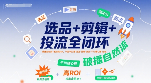 选品+剪辑+投流全闭环，破播自然流+撬动高ROI，手把手打通“选品-剪辑-测品-千川随心推”全链-网赚副业网