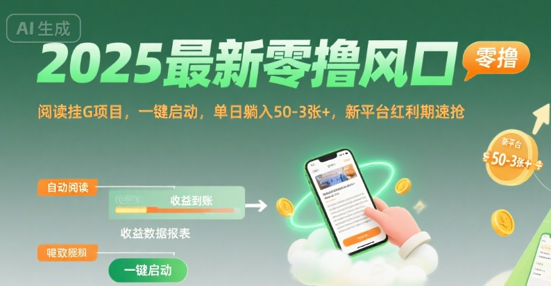 2025最新零撸风口,阅读挂G项目,一键启动,单日躺入 50-3张+,新平台红利期速抢【揭秘】-网赚副业网