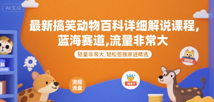 最新搞笑动物百科详细解说课程,蓝海赛道,流量非常大,轻松签独家进精选-网赚副业网
