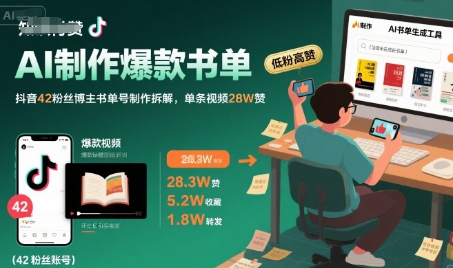 AI制作爆款书单,抖音42粉丝博主书单号制作拆解,单条视频28W赞-网赚副业网