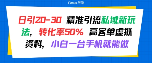 日引 20-30 精准引流私域新玩法，转化率50% 高客单虚拟资料，小白一台手机就能做-网赚副业网